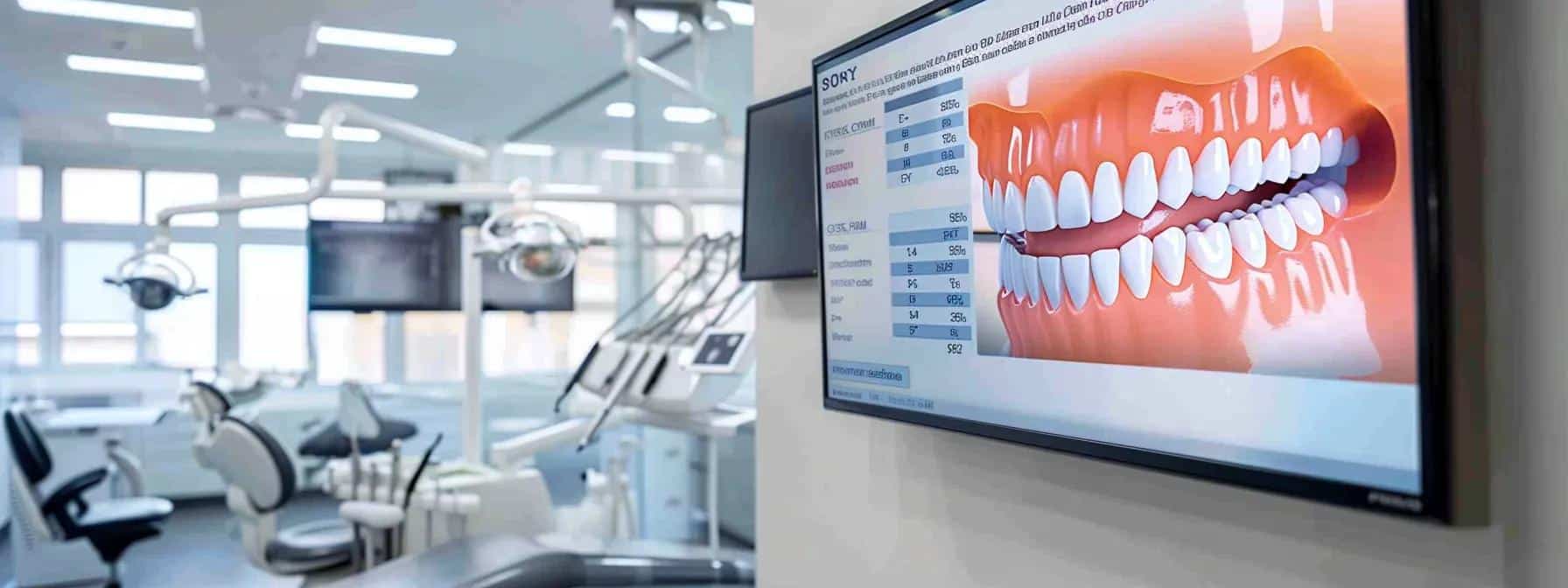 a sleek, modern office environment features a digital display showcasing a vibrant bar chart comparing the lifespan of acrylic dentures versus titanium implants, alongside a sleek matrix emphasizing comfort, stability, and cost, all designed to facilitate informed patient decisions on dental prosthetics.