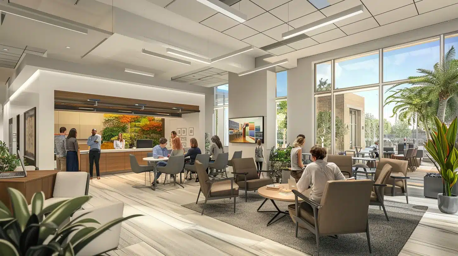 a sleek, modern office setting features a diverse group of residents engaged in an informative workshop, surrounded by charts and financial documents, emphasizing community support and expert insights for navigating healthcare and finance in lake worth.