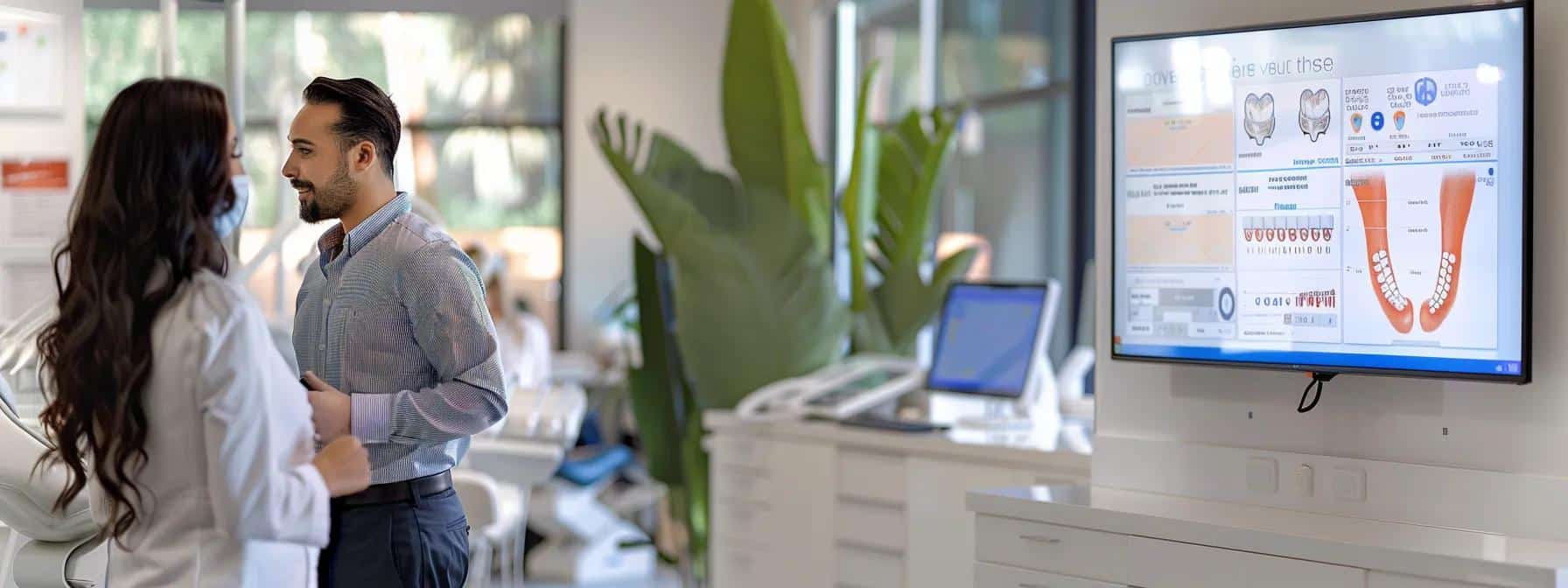 a sleek, well-organized office space showcases a digital comparison chart on a large screen, highlighting the costs and financing options for dental implants and dentures, with a dental professional engaged in a consultation with a patient.