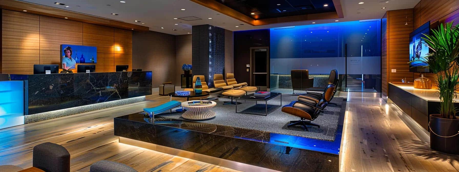 a sophisticated dental office in fort worth showcases advanced technology in dental implants, featuring a sleek consultation area with high-tech diagnostic tools, elegant decor, and a display of modern dentures emphasizing comfort and aesthetic appeal.