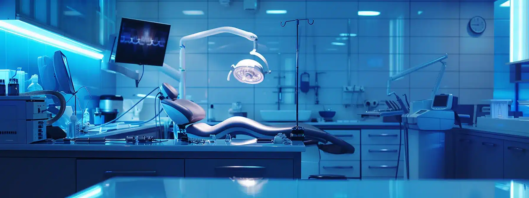 a sterile dental clinic interior showcases a modern dental implant procedure in progress, with focused instruments and a clinical atmosphere highlighting the importance of hygiene and infection prevention.