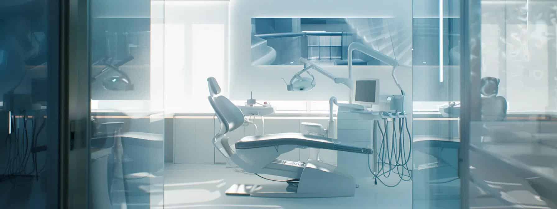 a sterile dental clinic showcases a modern examination room, featuring advanced diagnostic imaging equipment and a sleek dental chair, highlighting the meticulous process involved in fitting dentures and implants with a focus on precision and patient care.