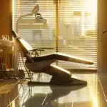 a modern dental clinic setting, showcasing a detailed close-up of a dental model highlighting severe gum disease, accompanied by digital screens displaying information on periodontitis and dental implants, illuminated by clinical lights for a sterile ambiance.