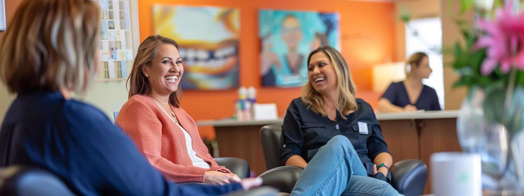 a vibrant dental office setting showcases a patient confidently smiling with newly fitted dentures, surrounded by cheerful dental staff discussing the positive impacts on emotional and social wellbeing.