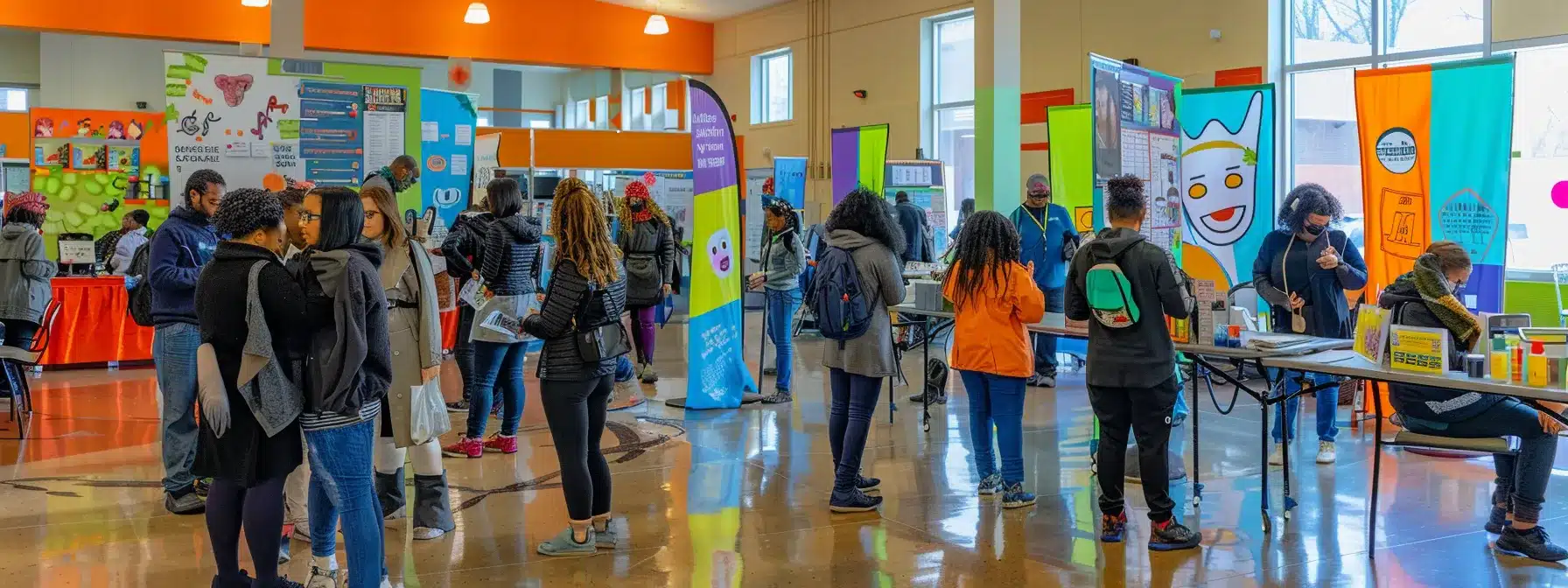 a vibrant urban community health fair setting showcases diverse individuals engaging in consultations and educational workshops about affordable dental care, with colorful banners emphasizing local resources and support.
