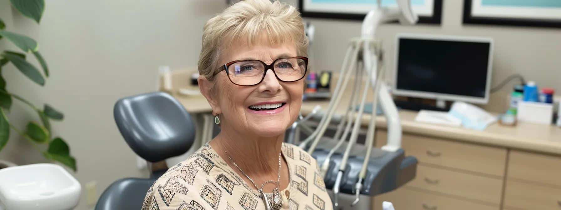 a well-lit dental office showcases a confident patient wearing immediate dentures, smiling brightly in front of a modern dental chair and tools, emphasizing the transformation and emotional benefits of restoring a complete smile right after tooth extractions.
