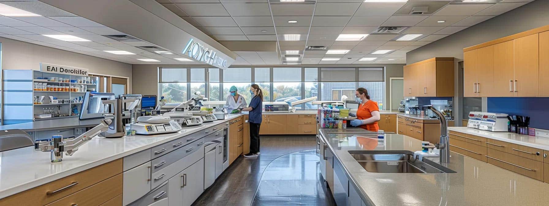 a well-lit, modern dental office showcases a hygienist demonstrating the proper care techniques for dentures and implants to a patient, emphasizing tools like silicone-bristle brushes and oral irrigators on a sleek countertop.