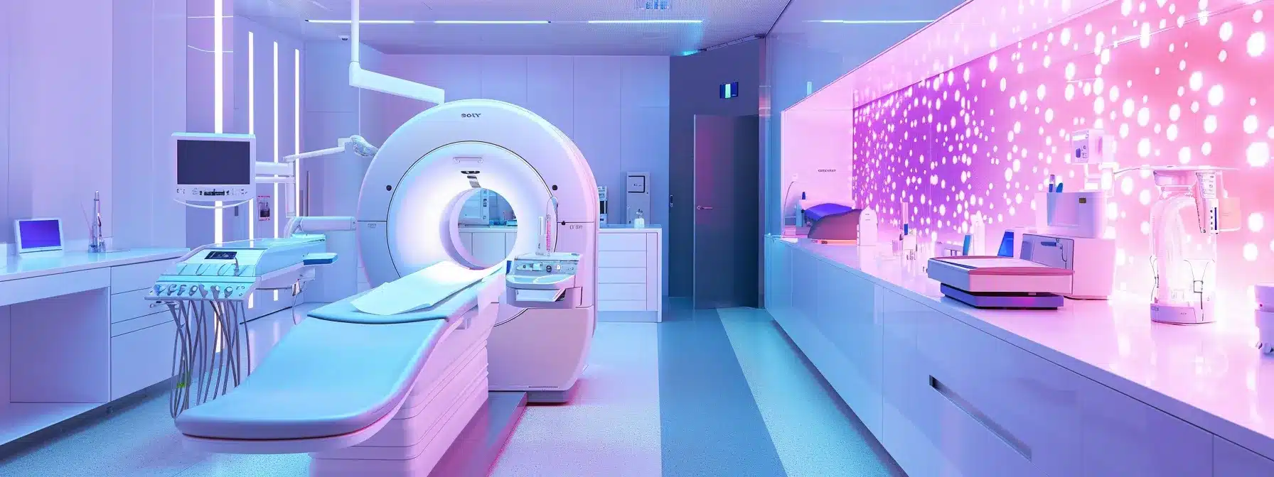 an advanced dental clinic interior showcases cutting-edge equipment for dental implants, featuring a sleek 3d imaging machine displaying precise scans, surrounded by modern workstations with high-tech dental tools and illuminated by clinical, bright lighting to emphasize innovation and precision in dentistry.