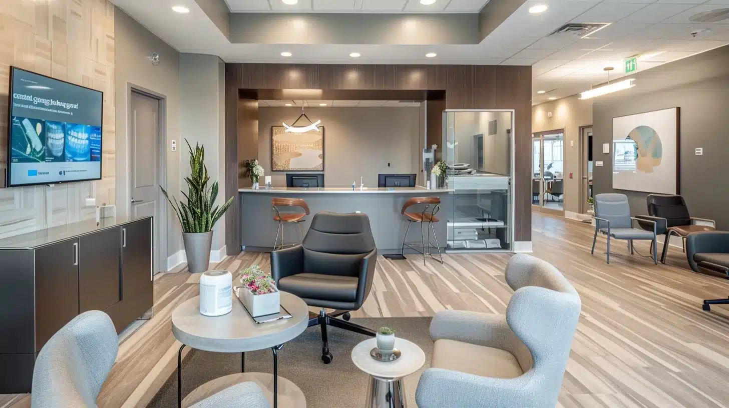 an elegant dental clinic interior showcases a modern consultation room, featuring a sleek dental chair and an advanced digital display illustrating the aesthetic differences between implants, bridges, and dentures, with a satisfied patient examining their radiant smile in a mirror under bright, clinical lighting.