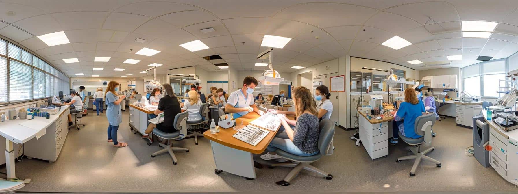 an engaging, professional dental clinic interior showcases a diverse group of students collaboratively crafting dentures under the supervision of experienced prosthodontists, with high-tech equipment and vibrant educational materials creating an atmosphere of learning and affordability.