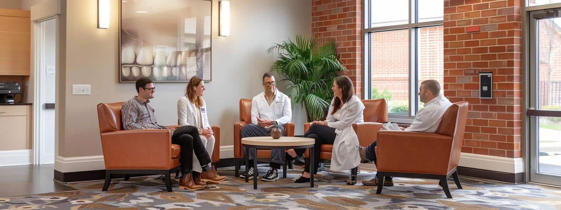 an inviting dental office interior showcases satisfied tyler residents engaging in discussion with their dentist, illuminated by warm lighting, highlighting the transformative impact of tailored payment plans on their dental treatments and financial well-being.