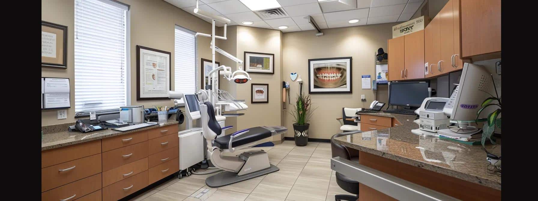 an inviting dental office interior showcases a confident patient smiling with complete dentures, reflecting enhanced aesthetics and self-esteem, while a professional dentist attentively assesses their facial contours and smile in a warm, well-lit consultation room.