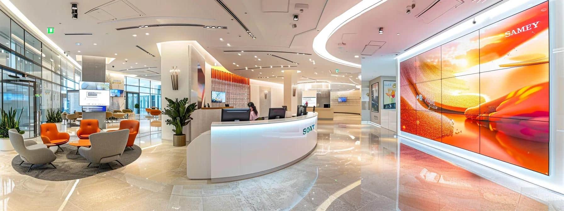 a bright and inviting dental clinic reception area showcases a large banner highlighting attractive promotional offers and discounts, with sleek modern furnishings and patients happily engaging with welcoming staff.