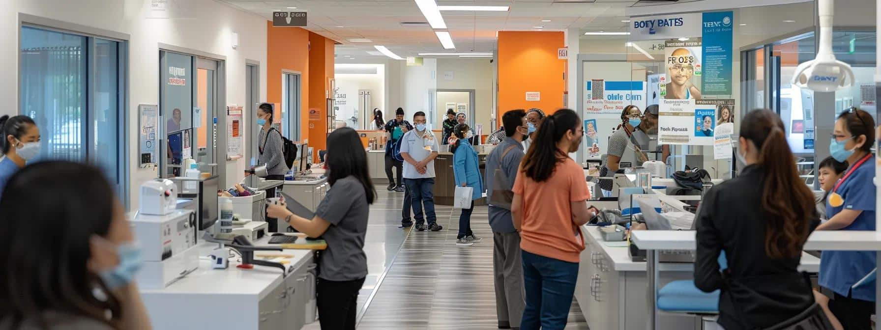 a bustling community dental clinic filled with diverse patients engaged in consultations, showcasing vibrant posters about accessible oral health programs and the team of dental professionals actively providing care.
