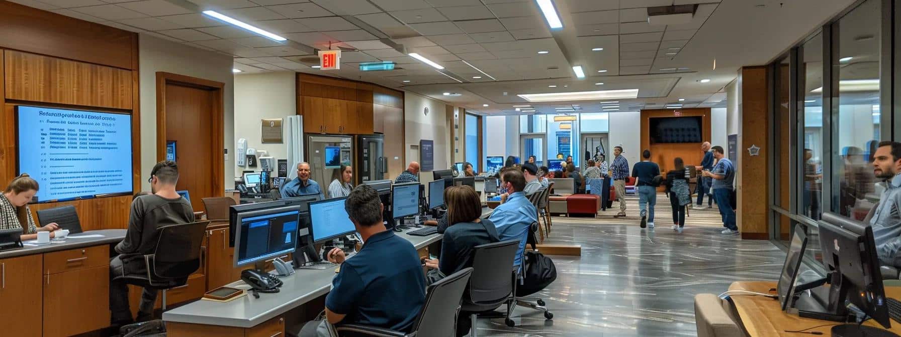 a bustling fort worth dental clinic reception area, featuring an inviting atmosphere with a prominent display of transparent pricing information on digital screens, as patients engage in conversations about affordable emergency extraction options.