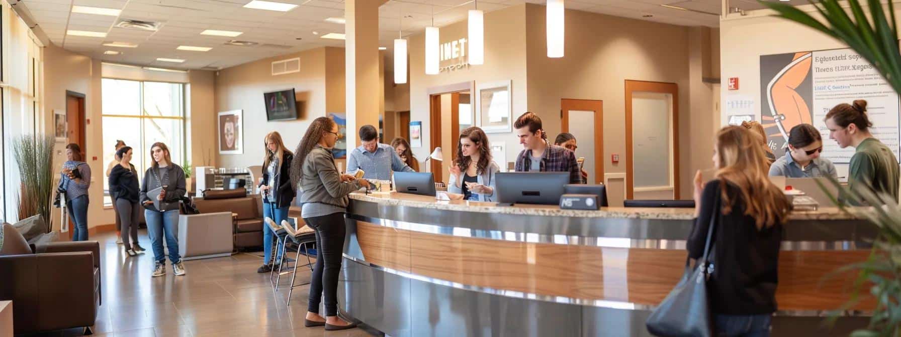a bustling modern dental office reception filled with engaged patients exchanging enthusiastic conversations and glowing recommendations, showcasing a sense of community and support in decision-making.