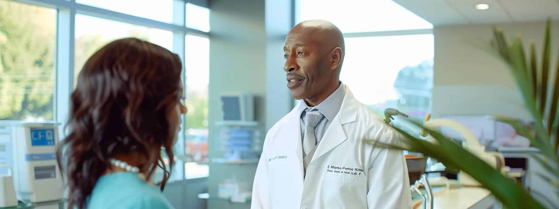 Patient consulting with a dentist about persistent funny taste from dental crown.
