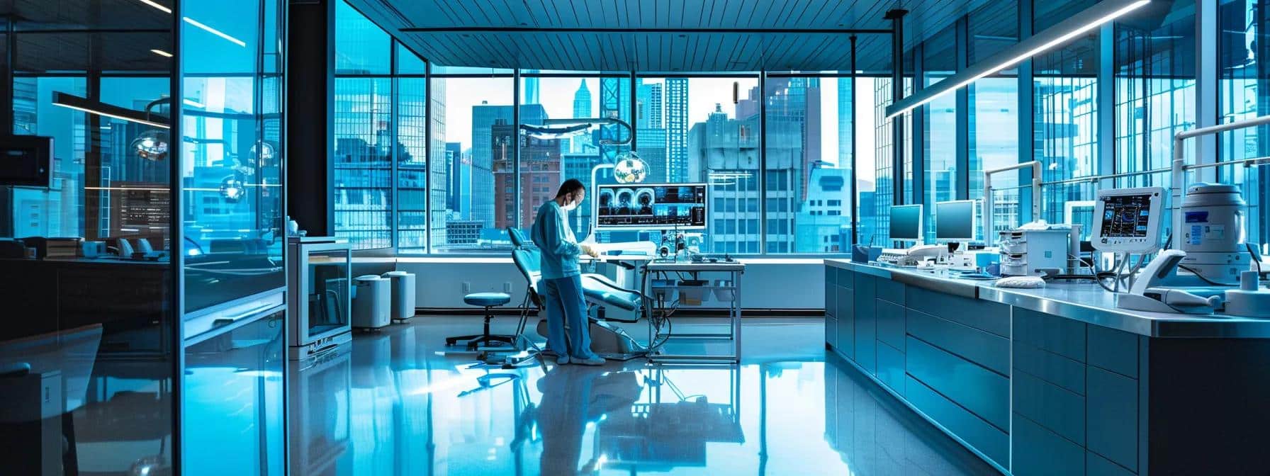 a dramatic, modern dental clinic interior filled with high-tech equipment and bright, clinical lighting showcases a dental professional confidently preparing for an emergency extraction procedure, emphasizing the urgency and importance of immediate dental care.