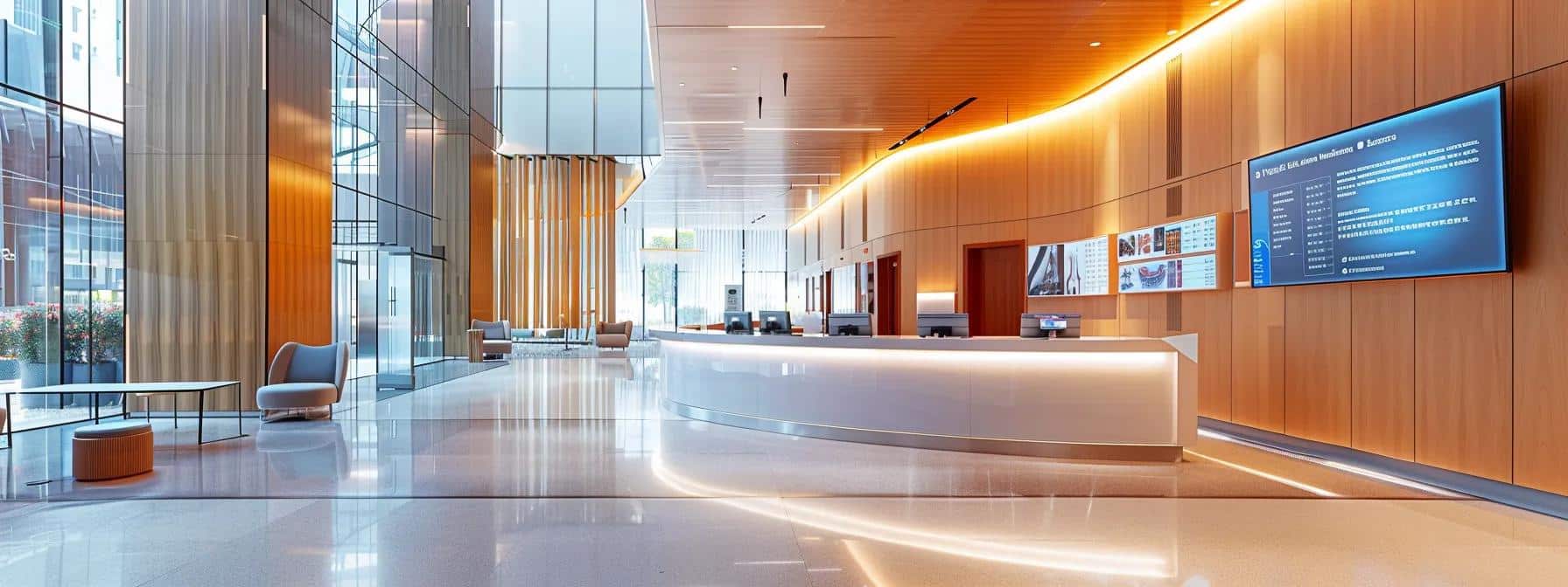 a modern, bright dental clinic reception area showcases sleek design elements and advanced technology, with a digital display highlighting patient testimonials and special promotions for dentures and implants.