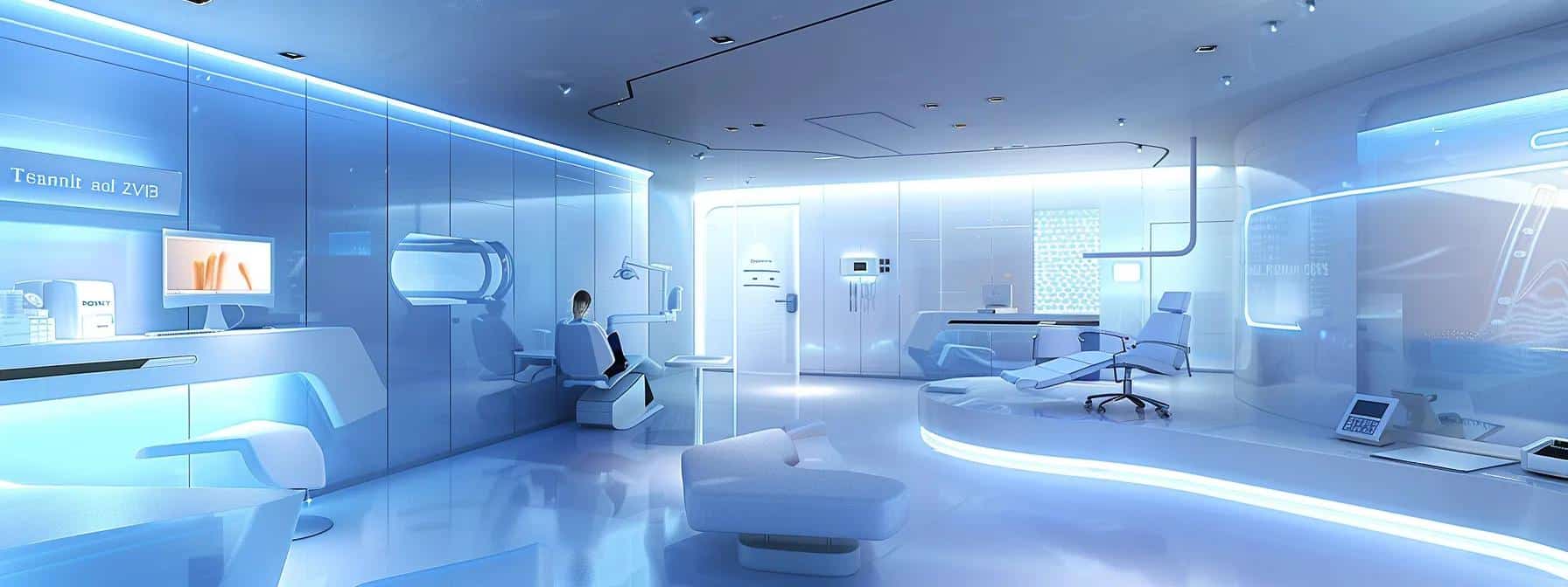 a modern dental clinic featuring a sleek examination room with state-of-the-art equipment, where a patient discusses the benefits and procedure of dental implants with a professional dentist, highlighting a clean, efficient, and welcoming environment.