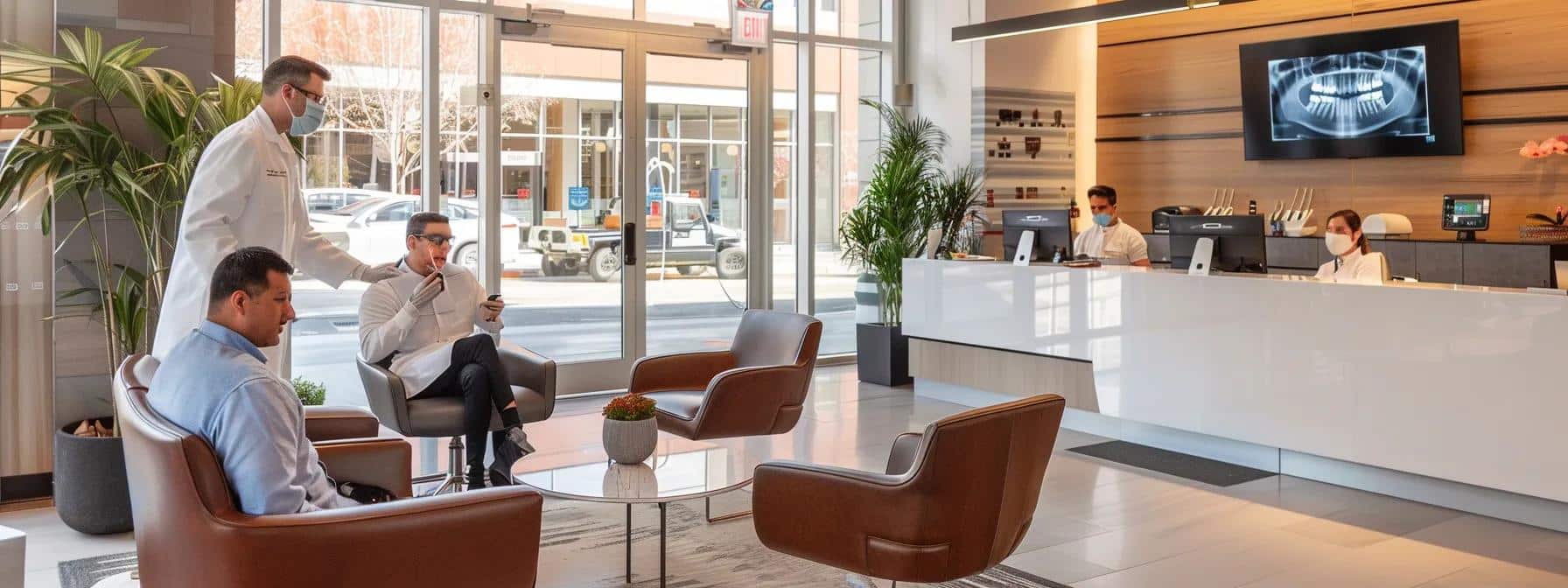 a modern dental clinic in an upscale urban setting, showcasing a concerned patient in a sleek dental chair, with a professional dentist reviewing an x-ray on a digital screen, highlighting the urgency of addressing common dental emergencies.