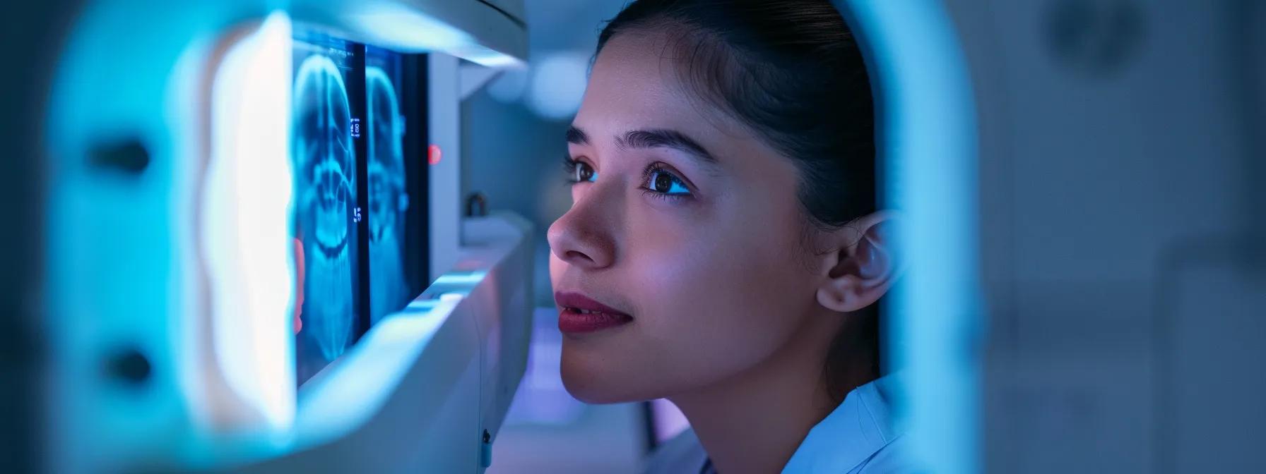 a modern dental clinic in lake worth, featuring advanced technology like a cbct machine, where a focused dentist reviews digital imaging data for a patient, reflecting the precision and care involved in the dental implant process.