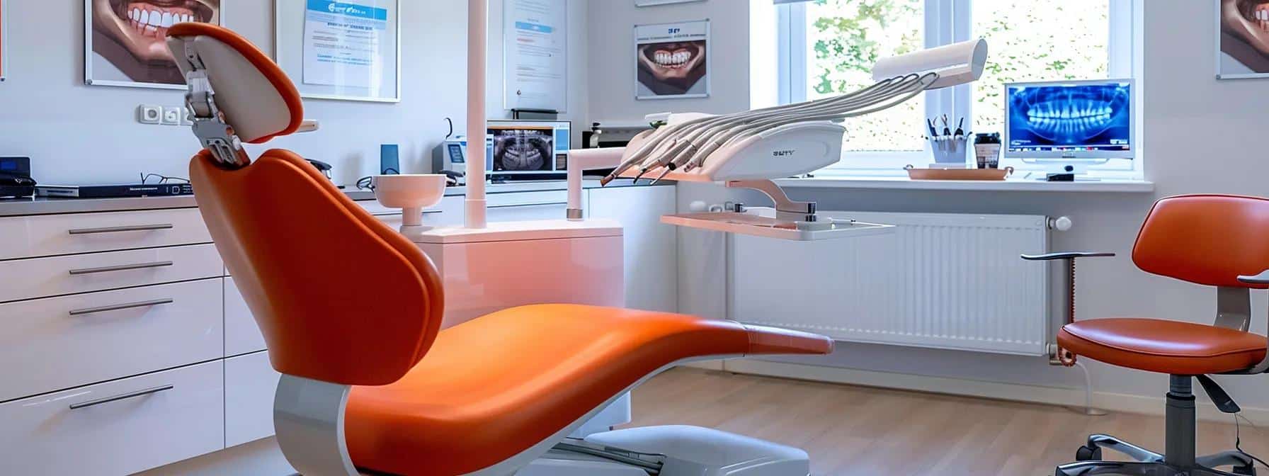 a modern dental clinic in mansfield, showcasing a bright and inviting reception area with sleek furnishings, posters highlighting affordable dental services, and a smiling dental professional ready to assist patients.