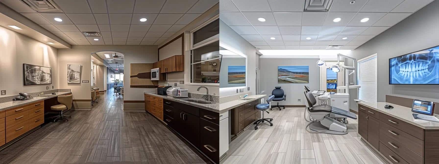 a modern dental clinic in mansfield, featuring a sleek, well-equipped treatment room with advanced dental technology, where a confident patient is receiving high-quality care from a smiling dental professional, conveying a message of accessible, excellent dental services.
