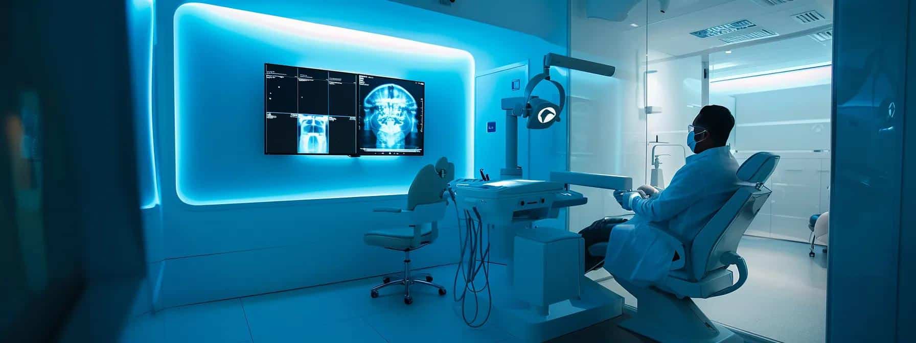 a modern dental clinic in tyler features a well-equipped treatment room with advanced digital radiography displayed on a screen, highlighting a dentist in a white coat preparing for a swift and meticulous emergency extraction procedure, with a calming atmosphere emphasized by soft, clinical lighting.