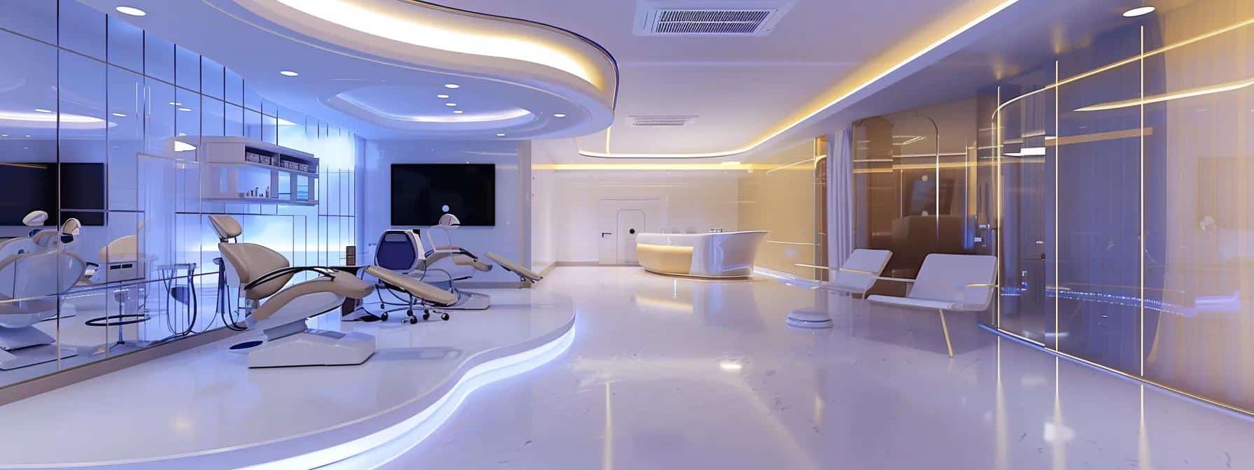 a modern dental clinic interior showcases an advanced treatment area featuring cutting-edge technology like digital imaging and sleek dental chairs, conveying the message that affordable dental care does not compromise on quality or innovation.