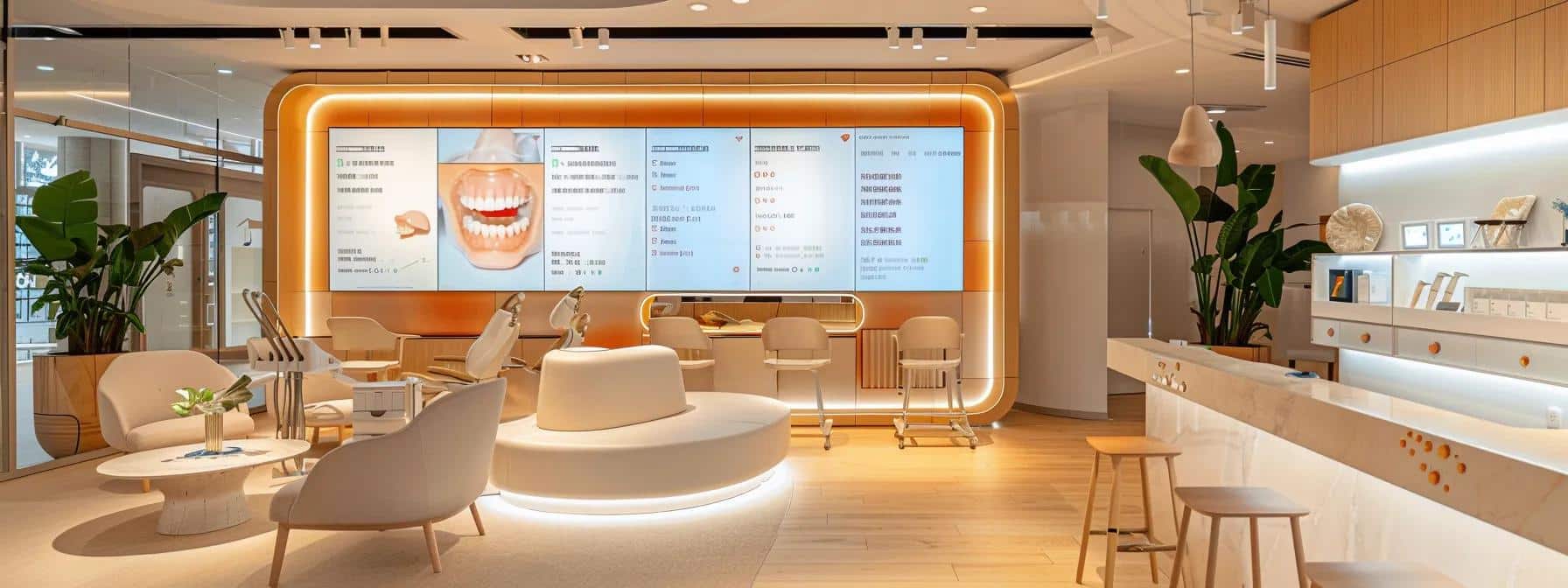 a modern dental clinic interior showcases a clean and organized consultation area with a large visual display of denture and implant options, including detailed pricing charts, on a sleek digital screen, surrounded by contemporary furnishings and warm lighting to create an inviting atmosphere for patients exploring affordable treatment solutions.