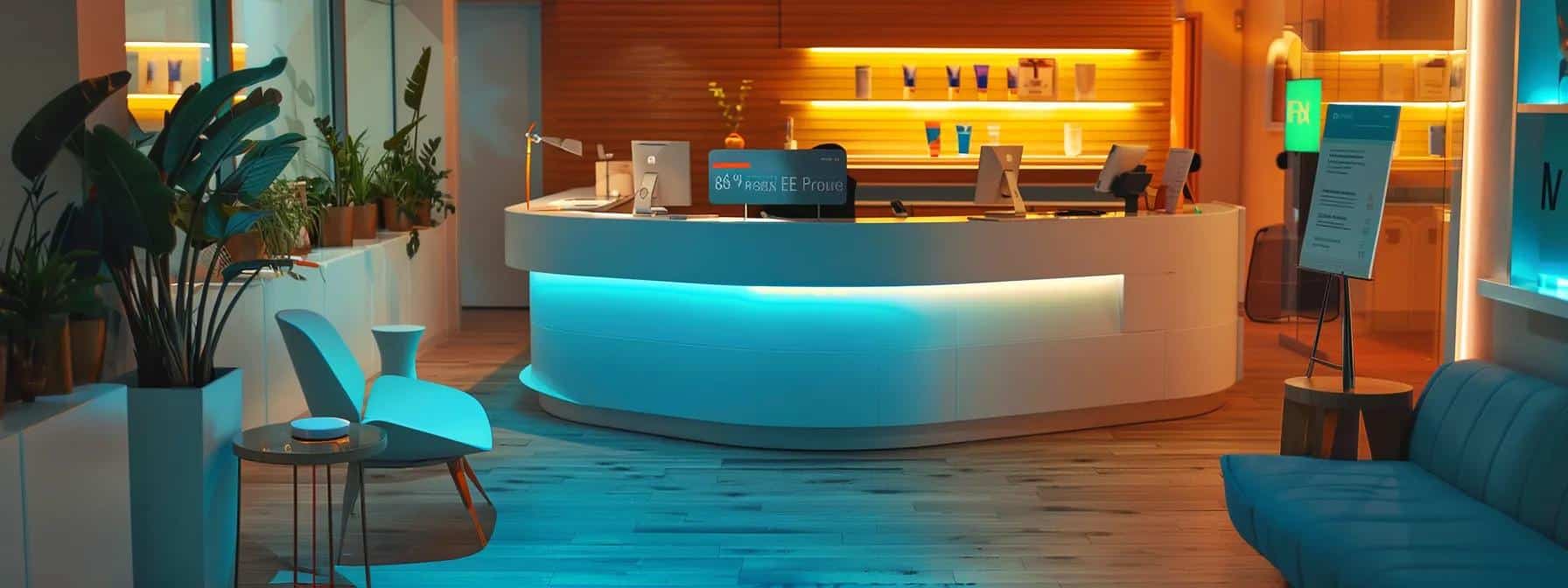 a modern dental clinic reception area in crowley, featuring sleek furnishings and educational brochures showcasing affordable root canal treatment options, bathed in warm, inviting lighting to create a welcoming atmosphere for patients.