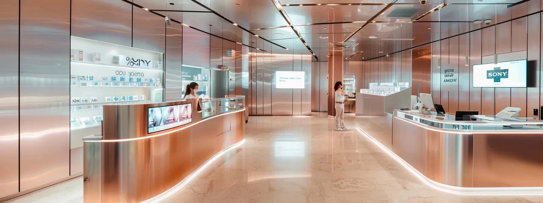 a modern dental clinic reception area in lake worth, featuring sleek design elements, a welcoming atmosphere with high-tech digital displays showcasing implant options, and a friendly staff member engaging with a patient at the check-in desk.