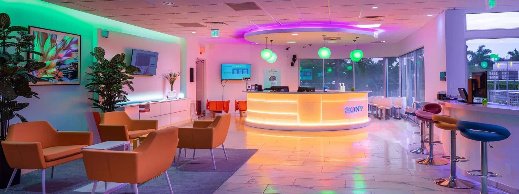 a modern dental clinic setting in lake worth, featuring a bright, sterile environment with a dental professional discussing an aftercare routine for dental implants with a patient, emphasizing the importance of diligent oral hygiene and regular checkups.