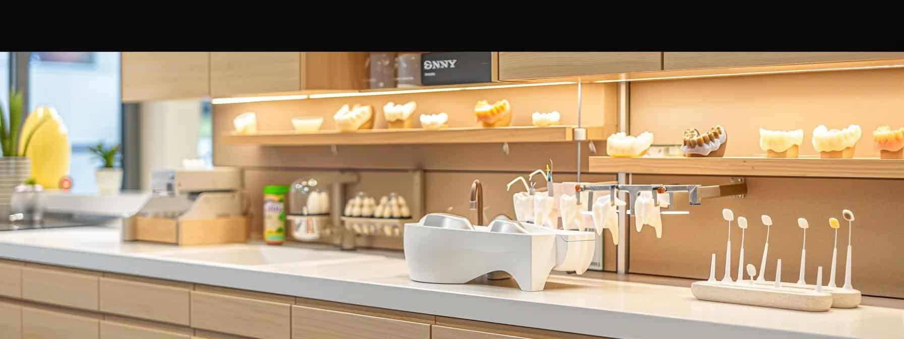 a modern dental clinic showcases a diverse display of dentures and dental implants on a sleek countertop, highlighting the innovative solutions available for patients seeking personalized dental care.