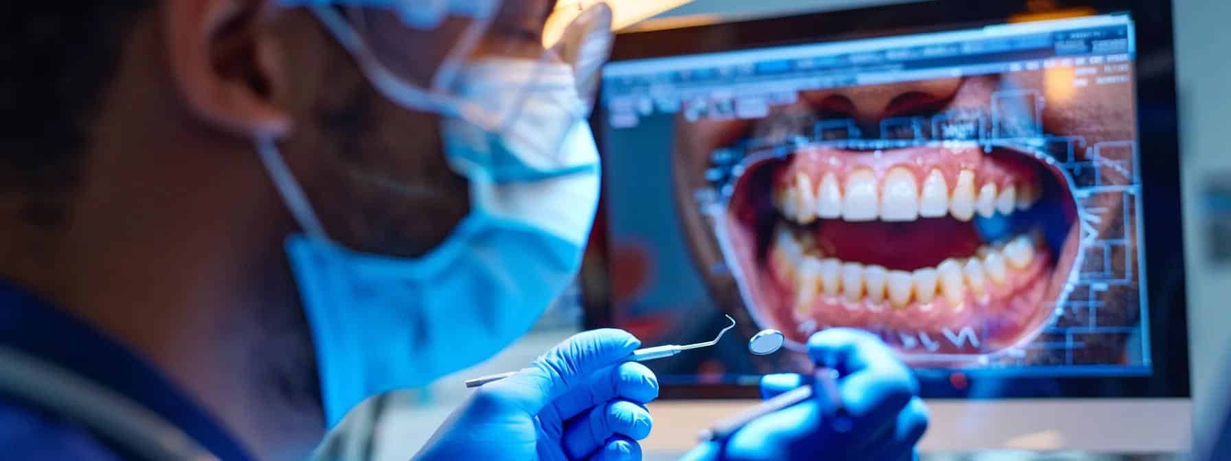 a modern dental office interior showcases a patient engaged in a consultation with a dentist, highlighting a digital display of insurance benefits and root canal treatment options, illuminated by bright, focused lighting.