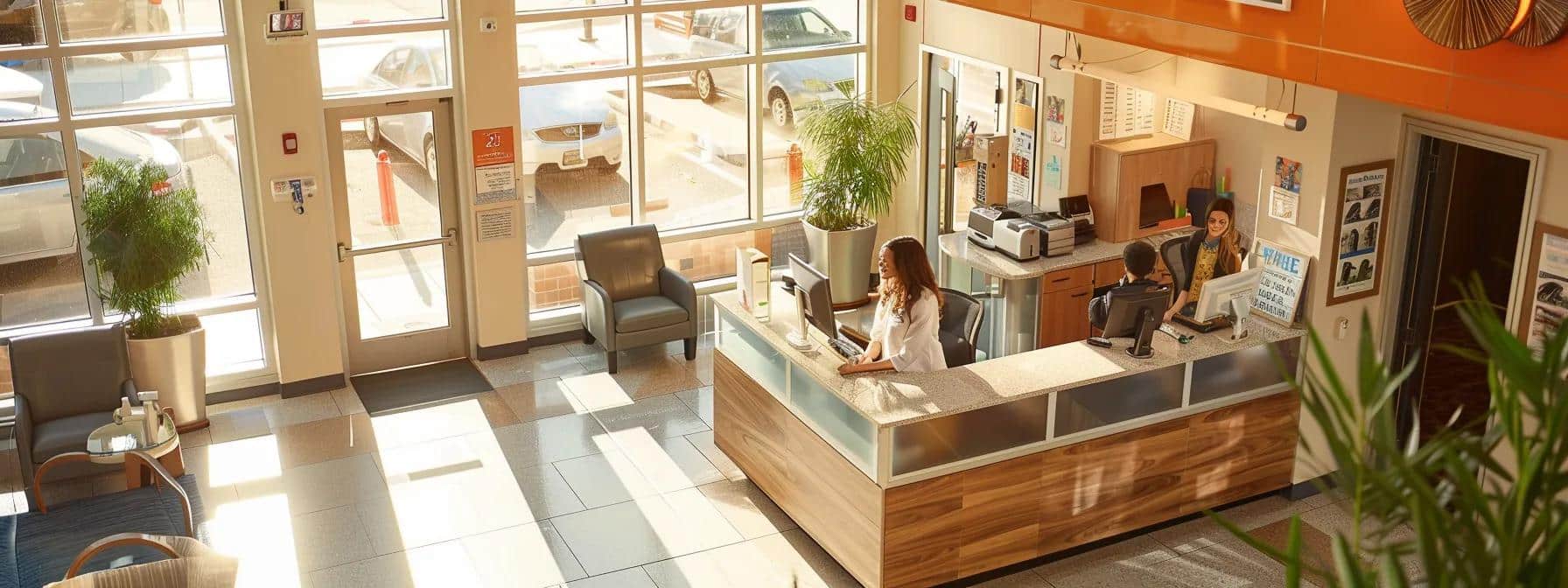 a modern dental office reception area in lake worth, texas, featuring a friendly staff member discussing financing options with a patient, surrounded by informative brochures and a warm, inviting atmosphere.