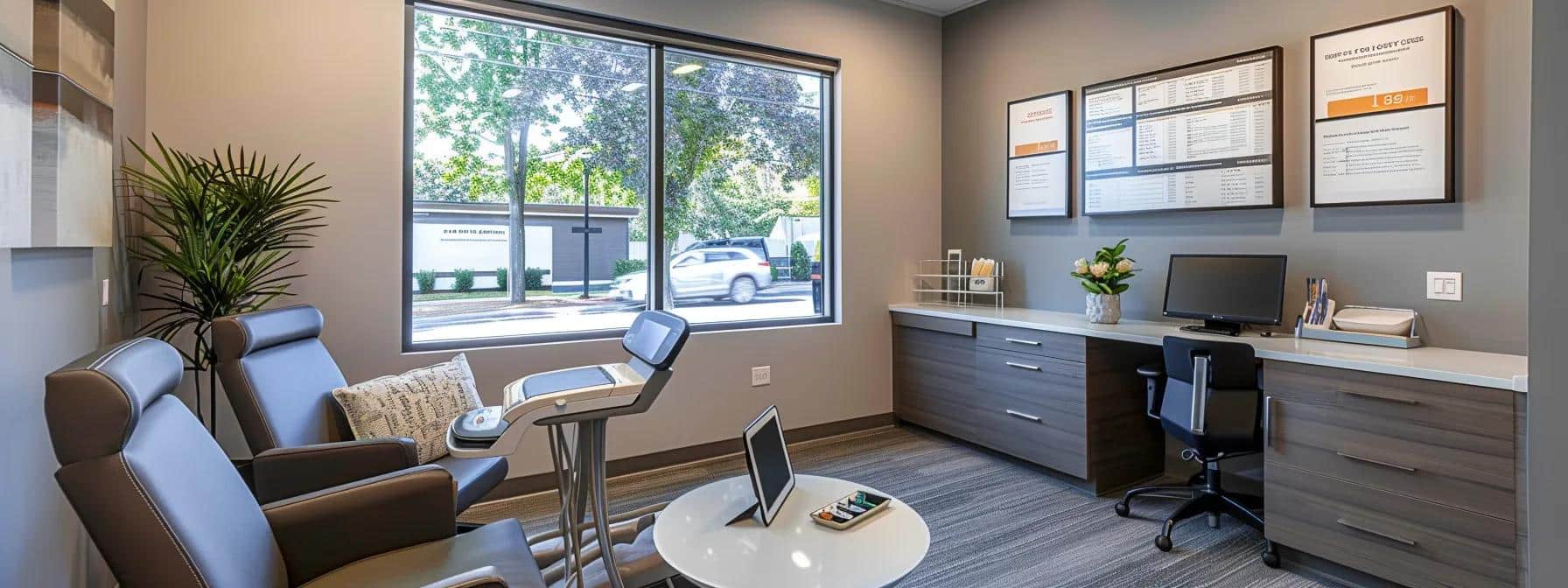 a modern dental office setting features a thoughtful patient discussing root canal costs with a professional dentist, highlighted by clear visual aids and cost breakdown charts on a sleek tablet screen.