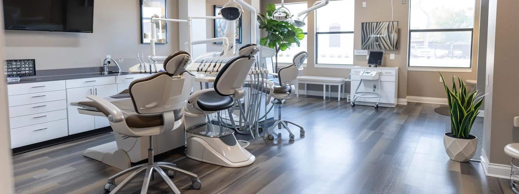 a sleek dental clinic waiting area in mansfield, texas, features modern furnishings and advanced dental equipment, illuminated by bright overhead lights, reflecting a commitment to accessible, high-quality dental care for patients seeking affordable treatment options.