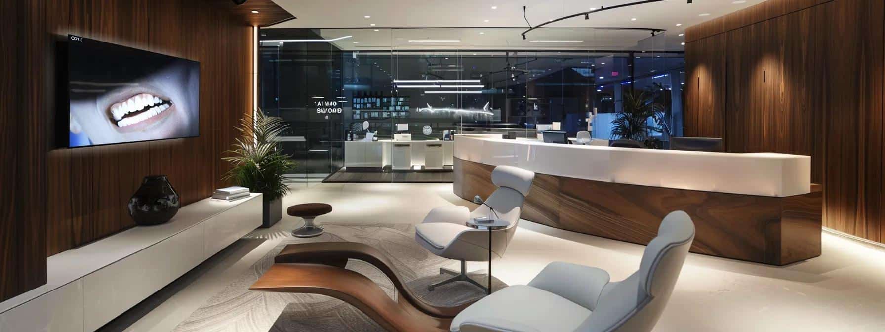 a sleek dental office setting featuring a modern consultation area with various dental prosthetics prominently displayed, highlighting the range of denture and implant options available for patients.