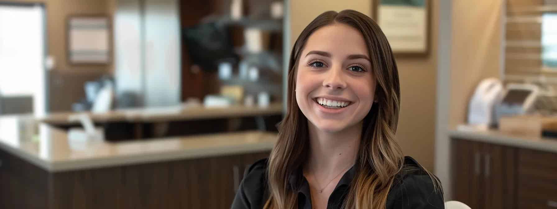 a sleek, modern dental office showcases a confident patient smiling broadly, highlighting a pristine dental implant model prominently displayed on an elegant countertop, symbolizing the advanced restorative solutions offered by abc 123 family dental.