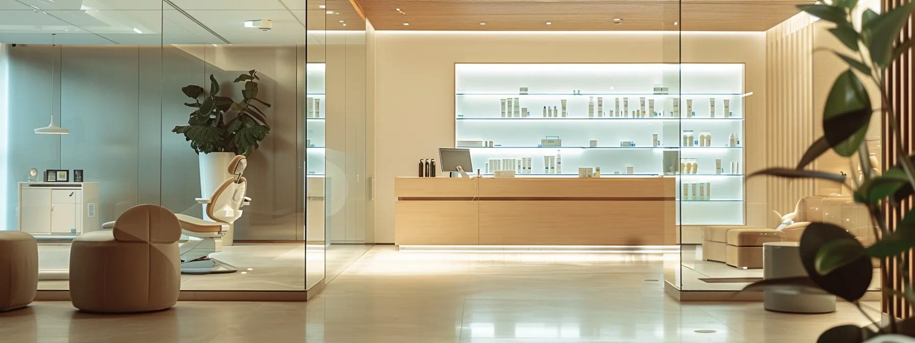 a sleek, modern dental office showcases a glistening dental workstation with specialized cleaning products neatly arranged alongside a dental chair, emphasizing the importance of proper care and maintenance for dentures and implants.