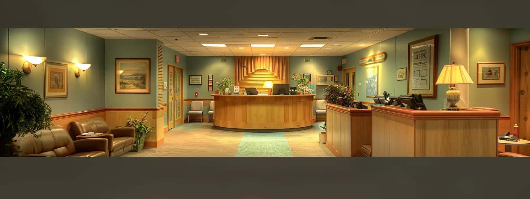 a warmly lit dental office in crowley, featuring a welcoming reception area with comfortable seating and a friendly receptionist, highlighting the theme of community trust in affordable dental care.