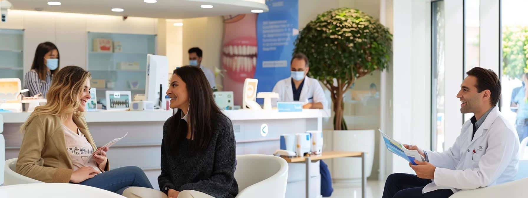 a welcoming dental clinic interior, featuring a warm and professional atmosphere with patients engaged in conversation, reviewing informative brochures about emergency extractions while waiting comfortably in modern seating.
