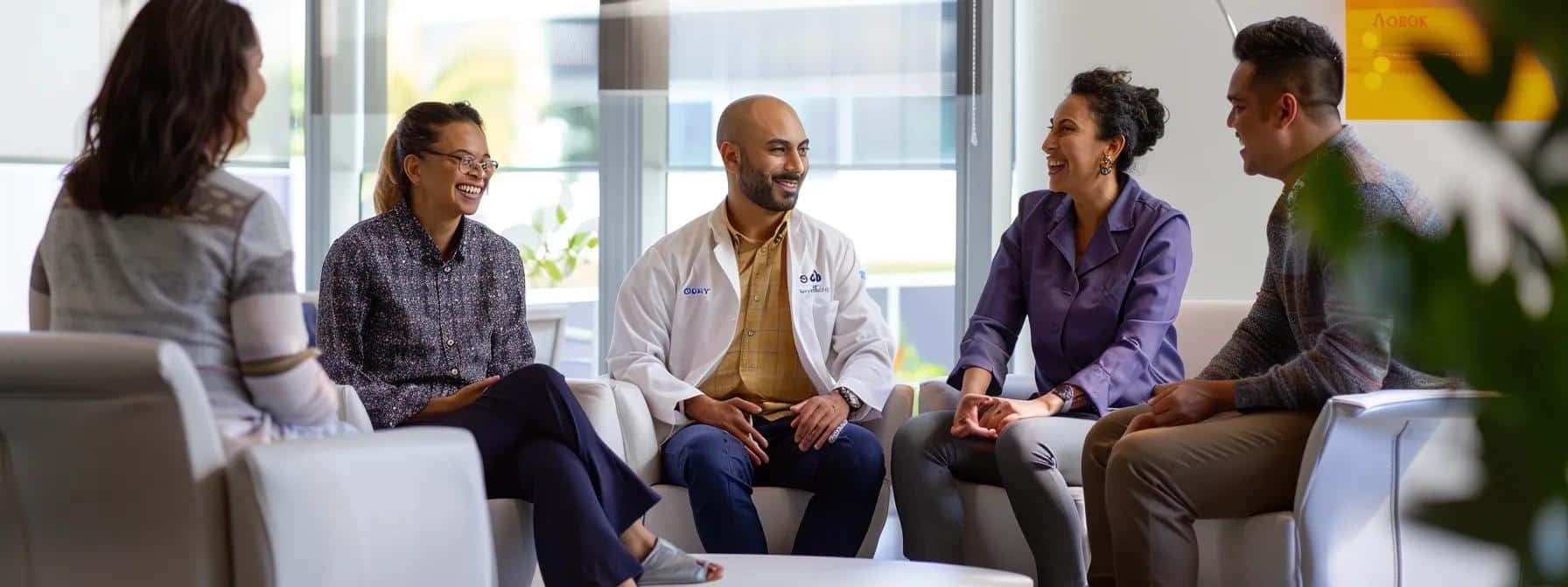 a bright, modern dental clinic featuring a diverse, professional team of dentists and support staff engaged in a collaborative discussion around advanced dental technology, showcasing a commitment to innovative care and patient-centered solutions.