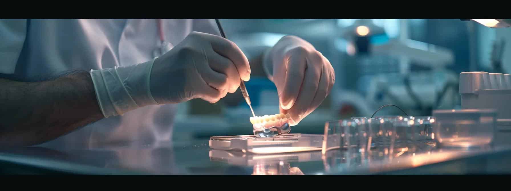 a close-up view of a dental professional expertly placing a shiny, custom-fitted dental crown on a polished dental model, set against a modern, well-lit dental clinic backdrop that emphasizes precision and care in dental treatments.