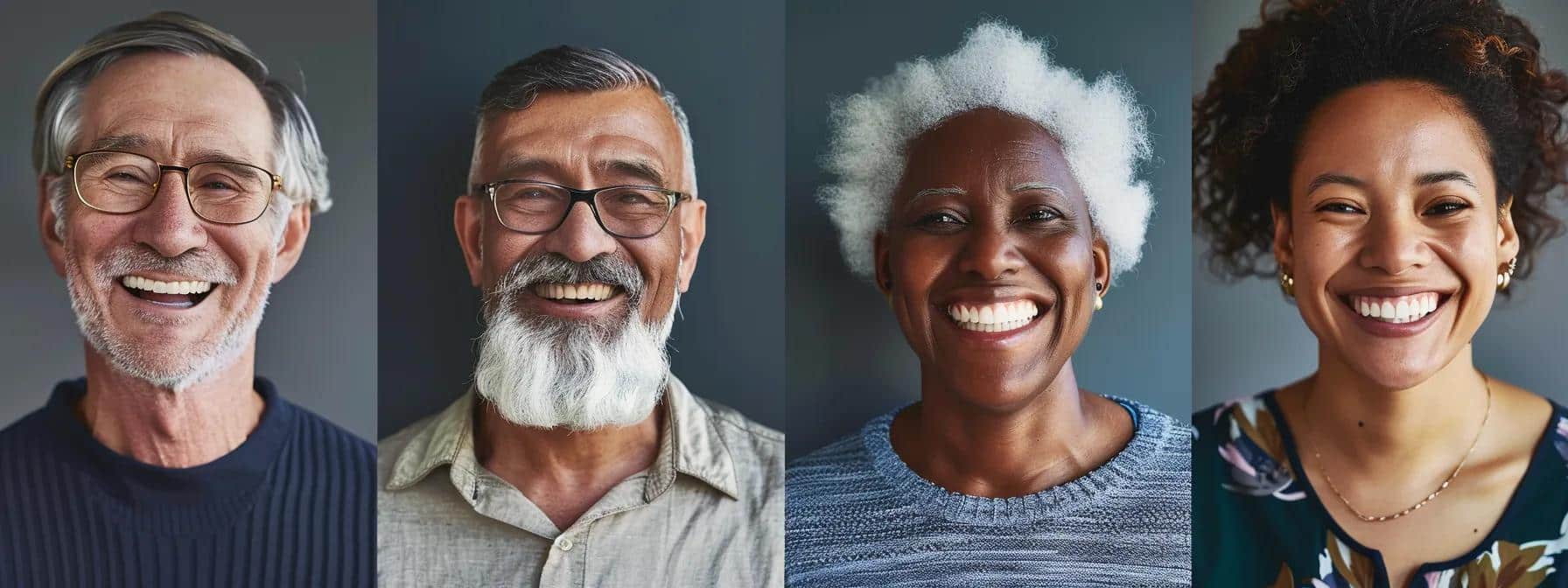 Collage of smiling denture and implant users sharing their success stories.