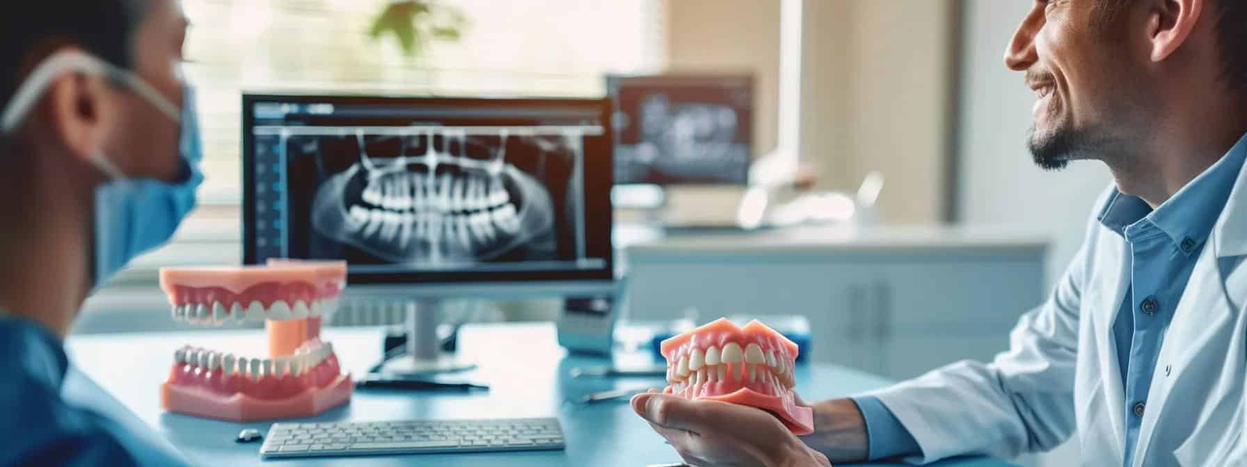 Image illustrating the decision-making process for choosing dentures and dental consultation.