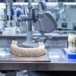 Process of crafting permanent dentures with dental tools and materials.