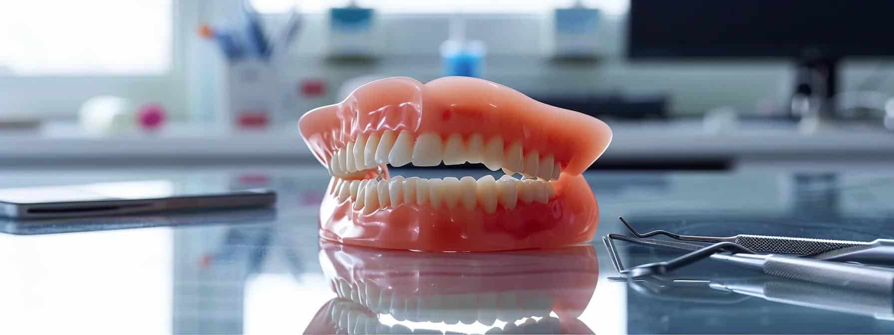 Image of broken dentures with a missing tooth, illustrating immediate repair steps.